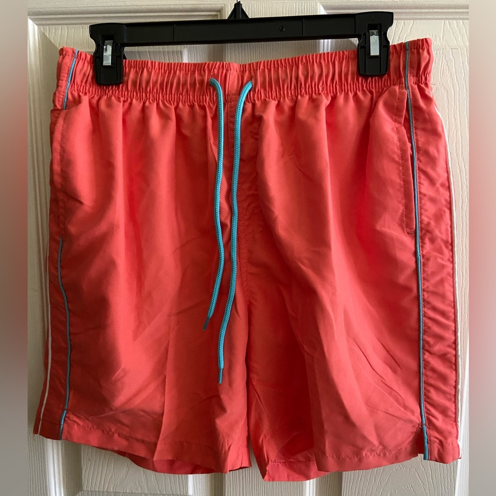 Swim Suit. Men's Coral Swimsuit with Blue Accents